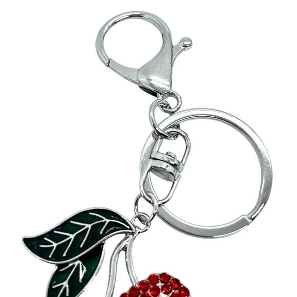 3/$30 CHERRY KEYCHAIN SILVER TONE ENAMEL LEAF RED RHINESTONE BAG CHARM FRUIT NWT - Picture 6 of 7